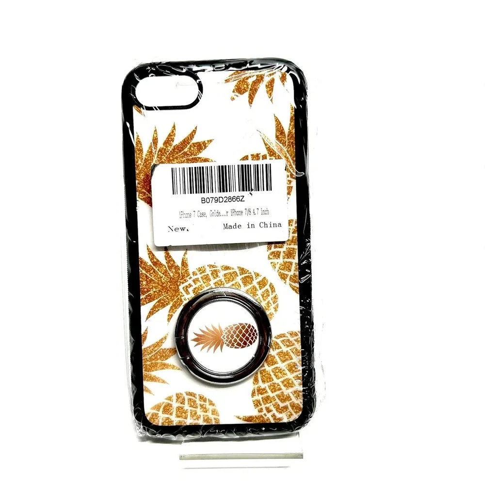 ✅ iPhone 7 8 SE Case Gold Glitter Pineapple with Ring Stand Kickstand #️⃣0001